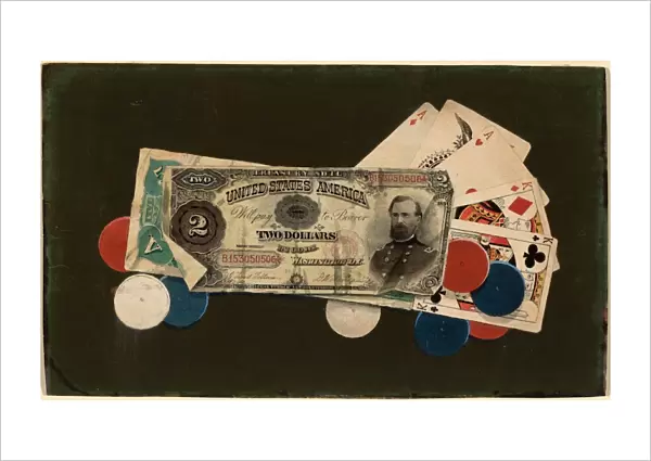 American 19th Century, Trompe l Oeil: A Full House with Chips, $2 and $5 Bills, c