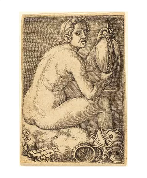 Barthel Beham (German, 1502 - 1540), Naked Woman on an Armor (Prudentia?), engraving