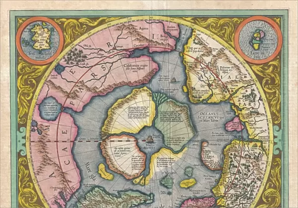 1606, Mercator Hondius Map of the Arctic, First Map of the North Pole, topography