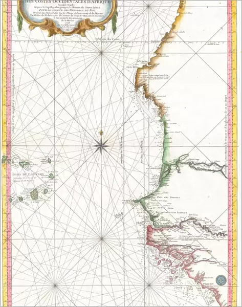 1865, Bellin Sea Chart of Western Africa, Senegal, Gambia, Guinea, etc. topography