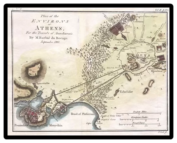 1784, Bocage Map of the City of Athens in Ancient Greece, topography, cartography