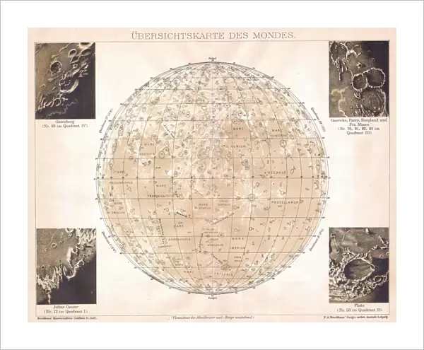 1898, Brockhaus Map of the Moon, topography, cartography, geography, land, illustration