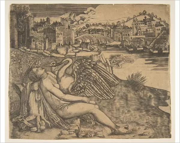 Naked woman Leda swan Zeus embrace river bank