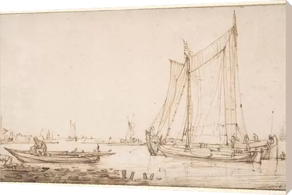 River Scene Boats 17th century Pen brown ink