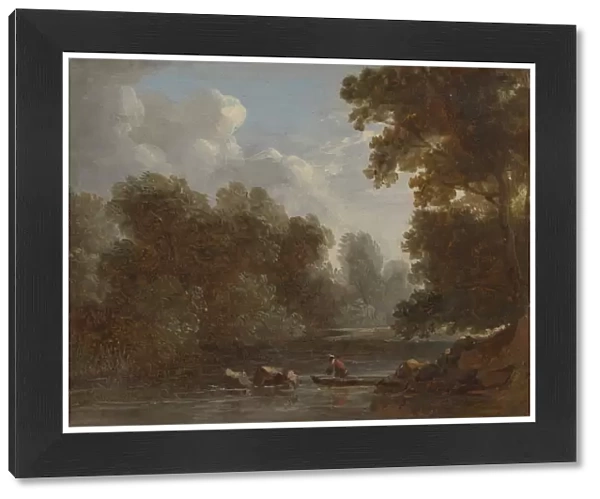 Wooded River Landscape Fisherman Boat 1826 Oil
