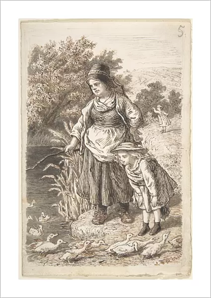 Woman Child Duck Pond 1835-1903 Pen dark brown