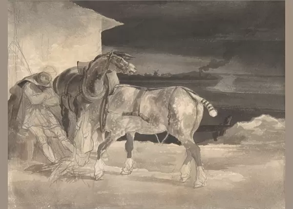Two Draft Horses Sleeping Driver 1820-22 Brush