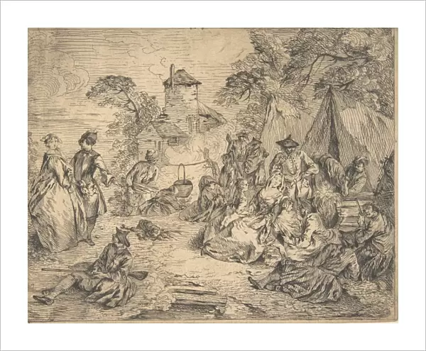Halte des Troupes Soldiers Women Encampment 18th century