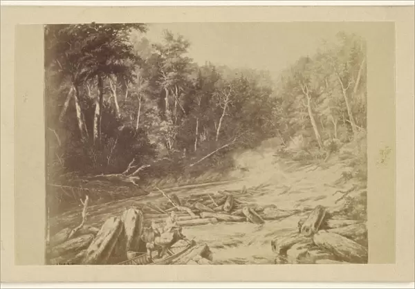 Copy painting depicting river scene man canoe fishing