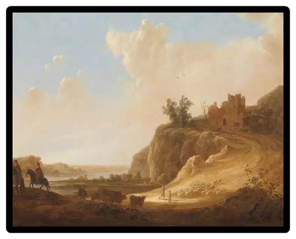 Mountainous Landscape Ruins Castle left foreground two horsemen