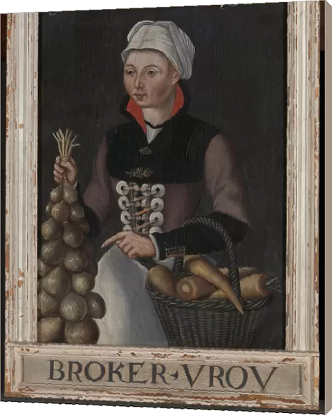 Broker Vrou Old painting lady garlic basket carrot