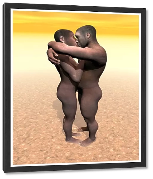 Male and female Homo erectus hugging in the desert