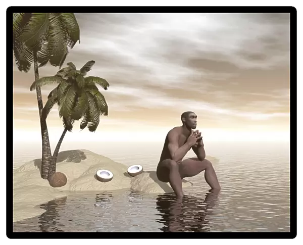 Male Homo Erectus sitting alone on a beach island next to coconuts
