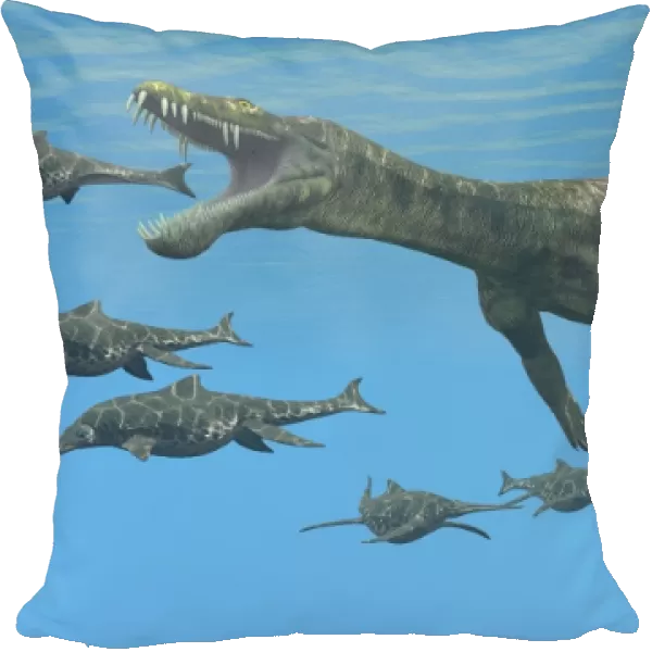 A large Nothosaurus reptile preys on Shonisaurus Ichthyosaurs in Triassic seas
