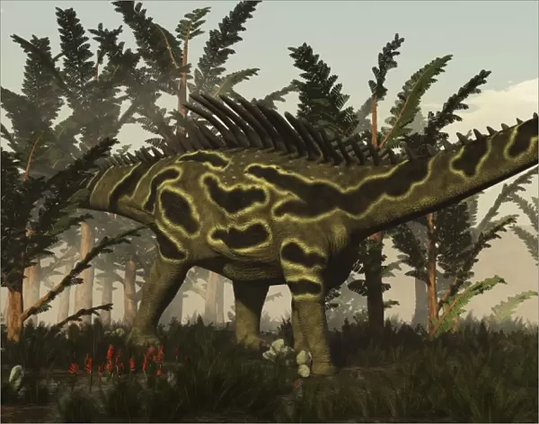 Agustinia dinosaur walking amongst vegetation
