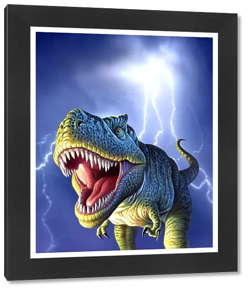A Tyrannosaurus Rex with a blue stormy sky and lightning behind it
