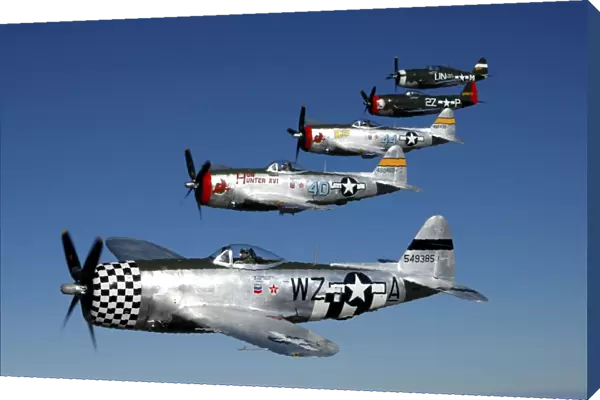 Formation of P-47 Thunderbolts flying over Chino, California
