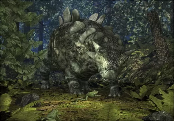 A Crichtonsaurus crosses paths with a pair of frogs within a Cretaceous forest