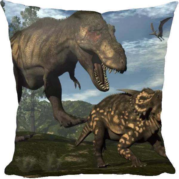 Tyrannosaurus rex attacking an Einiosaurus dinosaur