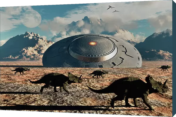 A herd of dinosaurs walk past a flying saucer lodged into the ground