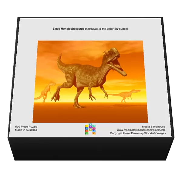 Three Monolophosaurus dinosaurs in the desert by sunset