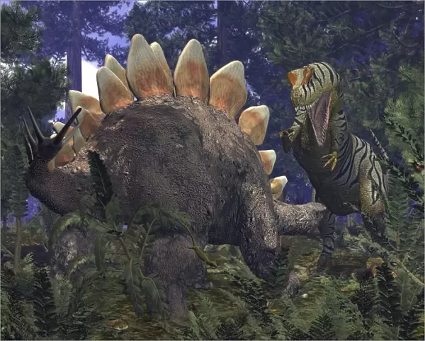 An Allosaurus stumbles upon a grazing Stegosaurus