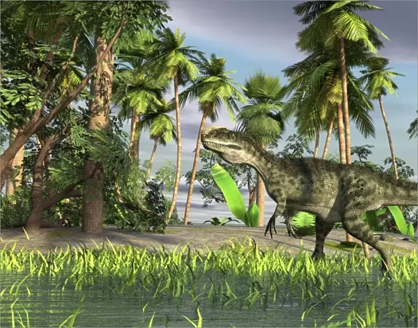 Monolophosaurus walking through shallow water