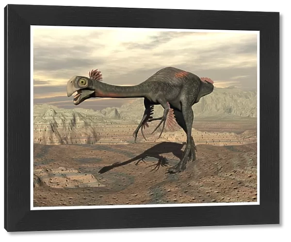 Gigantoraptor dinosaur walking on rocky terrain