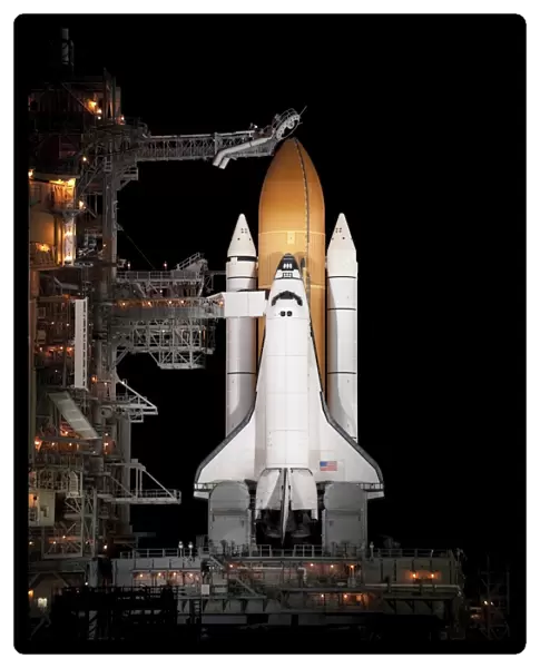 Space shuttle Atlantis sits ready on its launch pad at Kennedy Space Center, Florida