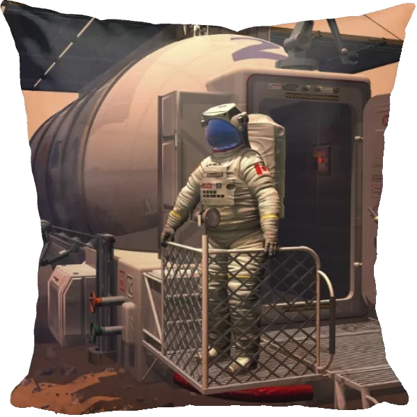 Illustration of an astronaut leaving their Mars rover vehicle to explore the planet s
