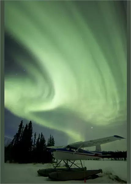 Aurora borealis and Big Dipper with float plane, Whitehorse, Yukon, Canada