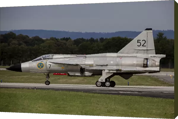 A Saab 37 Viggen of the Swedish Air Force taxiing on the runway