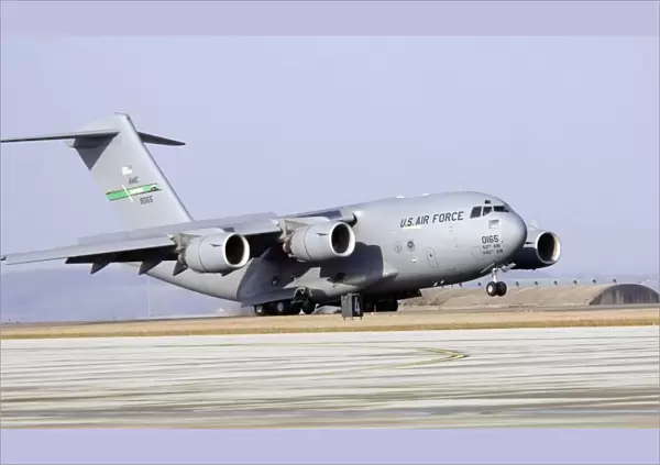 A C-17 Globemaster III lands at Spangdahlem Air Base, Germany