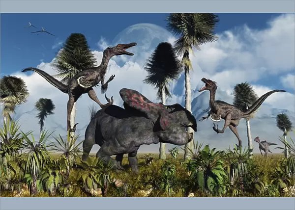 A pair of Velociraptors attack a lone Protoceratops