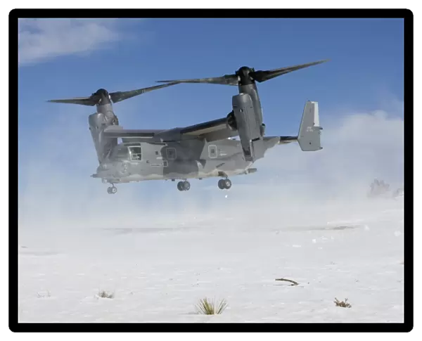 A CV-22 Osprey takes off from a landing zone