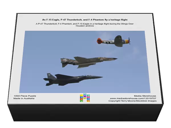 An F-15 Eagle, P-47 Thunderbolt, and F-4 Phantom fly a heritage flight
