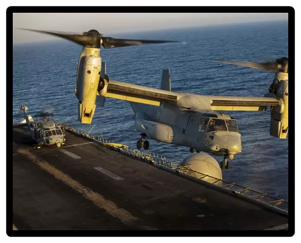 A U. S. Marine Corps MV-22B Osprey lands on USS Kearsarge