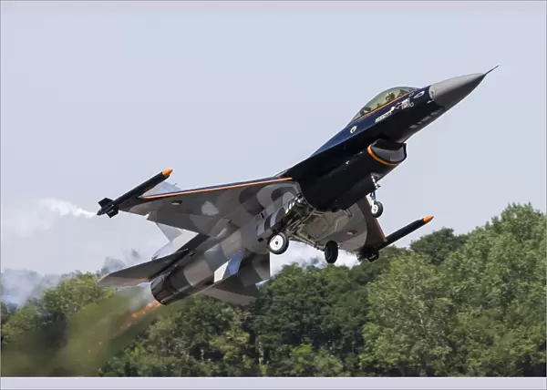 A Royal Netherlands Air Force F-16AM takes off at RAF Fairford, England