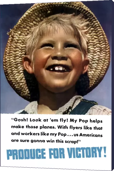 Vintage World War II poster of a smiling little boy in a straw hat