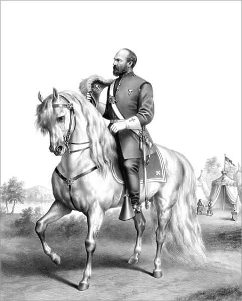 Vintage American history print of President James Garfield on horseback