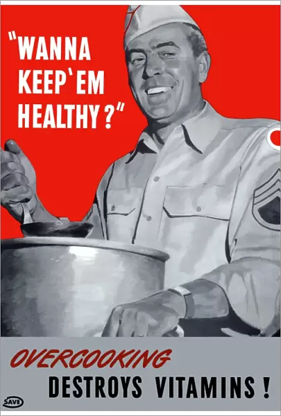 Vintage World War II poster of an army cook serving food from a pot