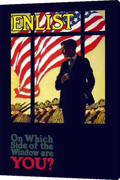 World War One poster of a man looking through a window as troops march past