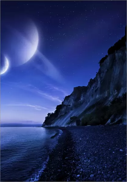 Two planets hover over a tranquil sea and Mons Klint cliffs, Denmark