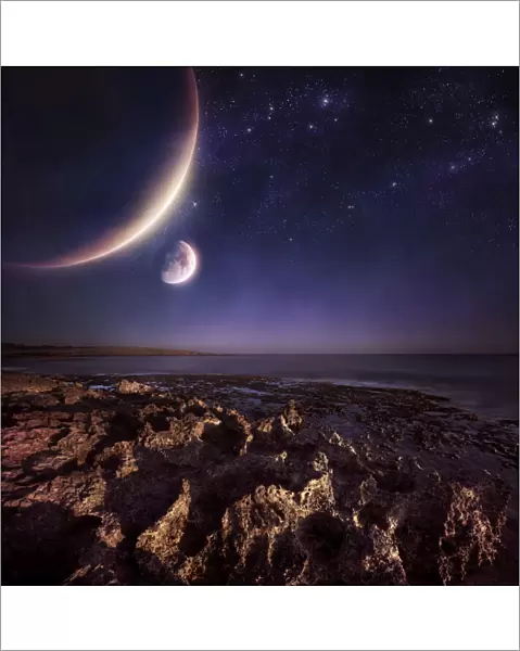 Rising plantes hover over ocean and rocky shore against starry sky
