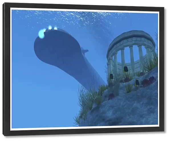 A submarine passes over a Greek temple ruin near a reef