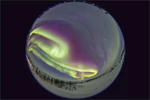 Fish-eye lens view of the northern lights in Churchill, Manitoba, Canada