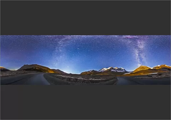 Panorama of the Columbia Icefields and Athabasca Glacier at moonrise