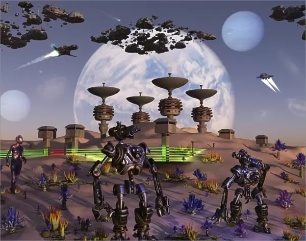 Robots busy at work constructing a new base on an alien moon