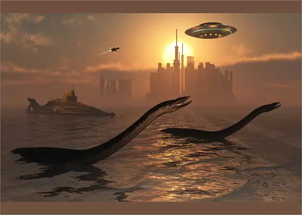 Plesiosaurs co-existing alongside the ancient civilization of Atlantis