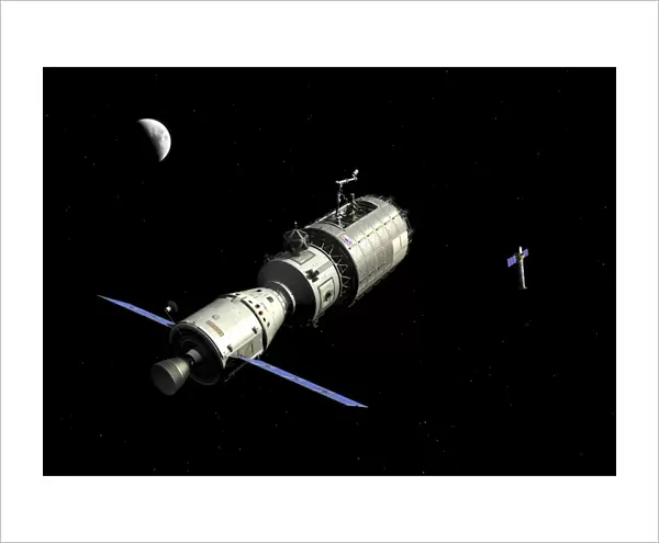 A manned orbital maintenance platform approaches the Chandra X-ray Observatory